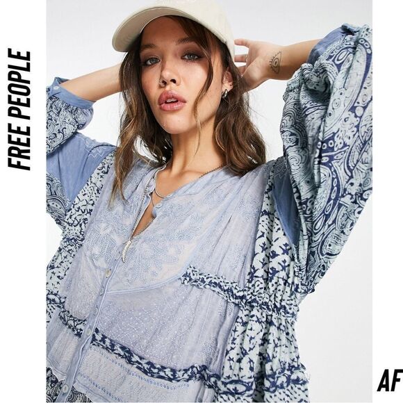 Free People Oh My Maxi Top Dress Duster Patchwork Piecing Indigo Button New - Picture 5 of 8
